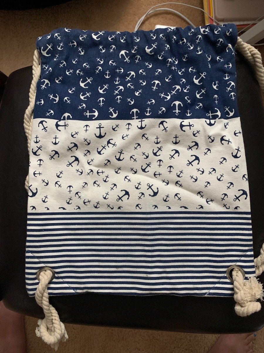 Von Lamezan Blue and White Cotton Drawstring Backpack Gym Bag