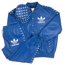 Vintage ADIDAS Blue Leather Tracksuit Jacket Pants Hat Set Monogram Logo
