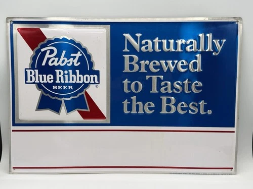 VINTAGE 1974 PABST BLUE RIBBON EMBOSSED ALUMINUM TACKER BEER SIGN 19"X13"