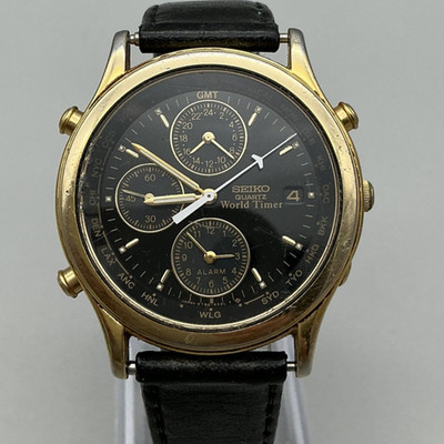 Vintage Seiko Mens Watch 36mm Gold Tone Black World Timer 5T52-6A30 BROKEN PARTS