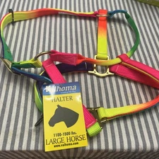 NEW - VALHOMA HORSE HALTER    SIZE:  1100 - 1500 LBS. Rainbow Color. Brass Metal