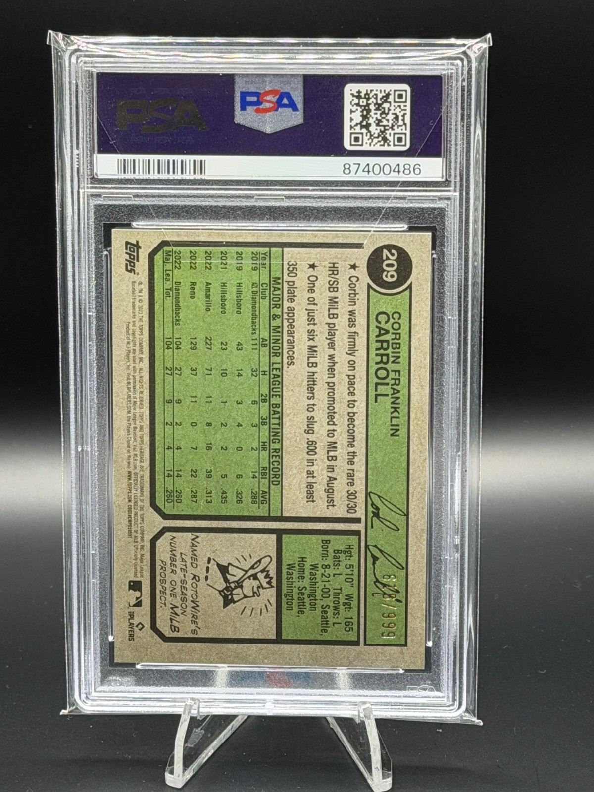 2023 Topps Heritage Chrome /999 Corbin Carroll #209 PSA 10 GEM MT Rookie RC view 2