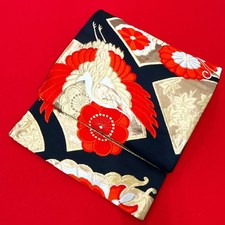 Japanese Kimono Obi 'FUKURO OBI' Silk/Flower/Crane/Gold embroidery/History N1113