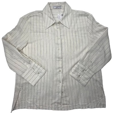 NEW MNG Mango Cortazar Stripe Button Down Blouse Top Off-White Gray Size Medium