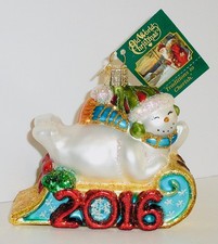 2016 SLEDDING SNOWMAN - OLD WORLD CHRISTMAS GLASS ORNAMENT NEW W/TAG 24166