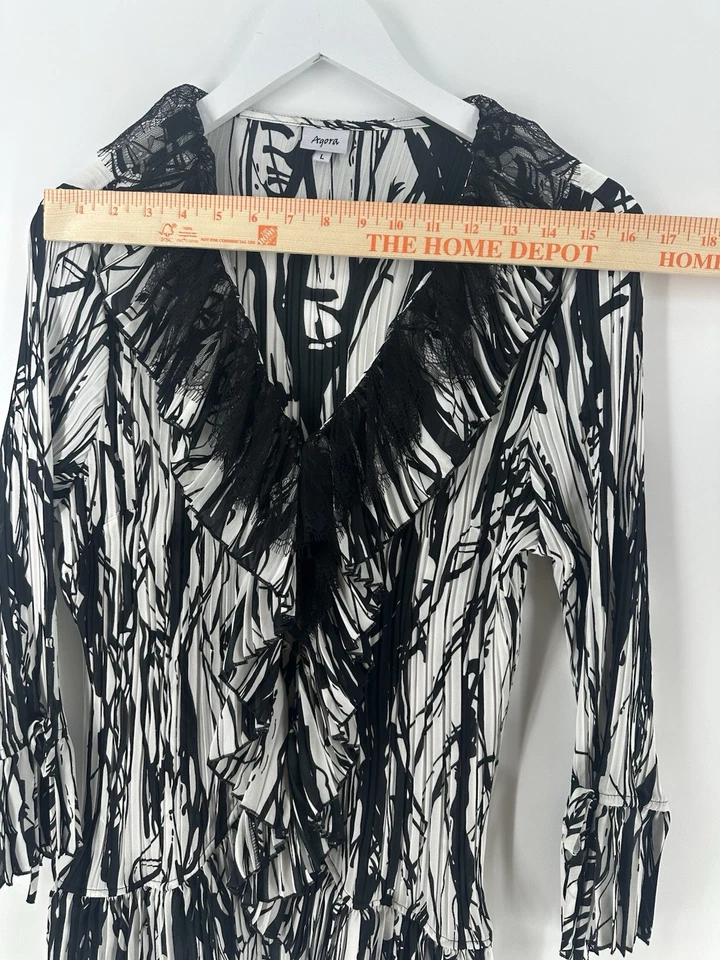 Blusa para mujer AGORA con volantes talla L blanca negra manga larga encaje arrugado AC23 Foto 3 de 4