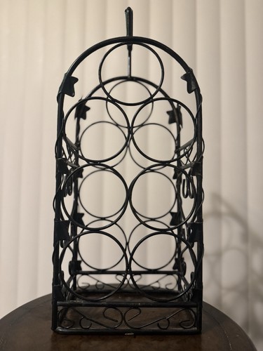 7 Bottle Wine Rack Table Top Wrought Iron Ivy with Handle Teal Painted on Black - Picture 2 of 4