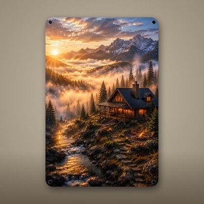 Fog Cabin Metal Sign 8x12, Rustic Lodge Decor, Realistic Landscape Wall Art