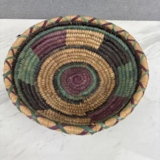 Small Grass Coil Basket Purple Green Straw Tan 8 Inch Bowl BOHO Decoration