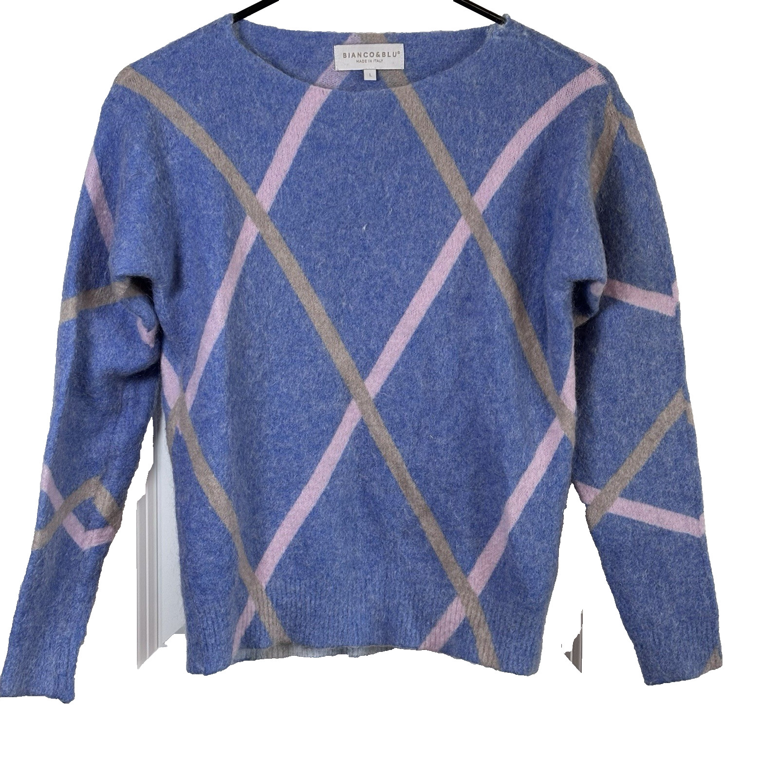 Bianco & Blu Italy Mohair Wool Nylon Sweater L Blue Pink  Soft Knit Preppy Cozy