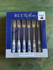 SPODE Blue Room Italian Stainless Pasty Forks w Porcelain Handles, Set of 6.