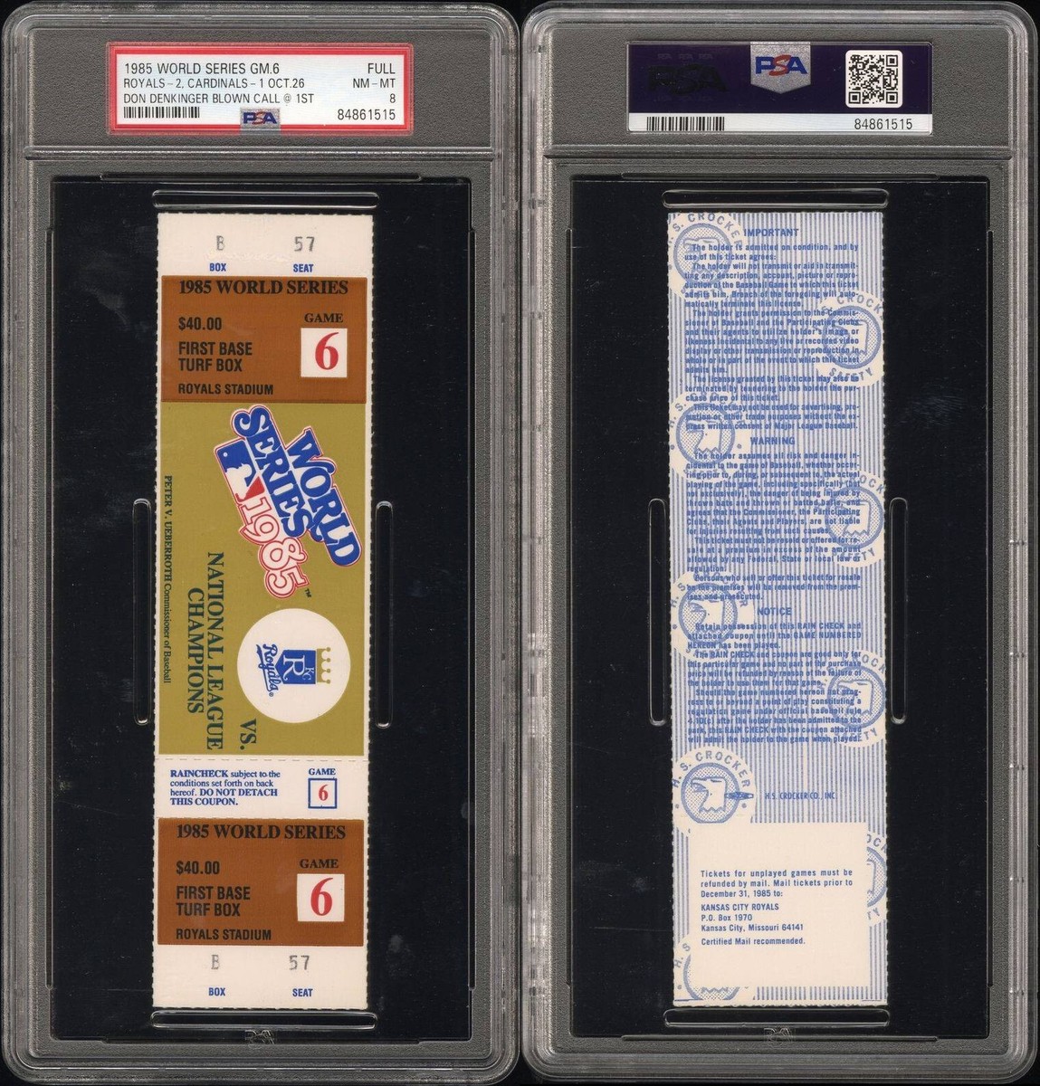 1985 WORLD SERIES GAME 6 FULL TICKET DON DENKINGER BLOWN
