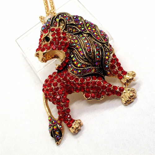 New Fashion Red Bling Crystal Cute Lion Animal Pendant Sweater Chain Necklace - Picture 2 of 4