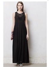 Anthropologie mermaid macrame maxi dress black crochet trim small Boho rayon