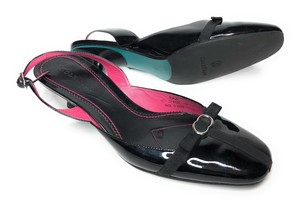 black leather slingback kitten heels