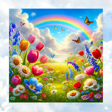Spring Flowers, Rainbow  Butterflies WINDOW CLING Size 8" Square Vinyl