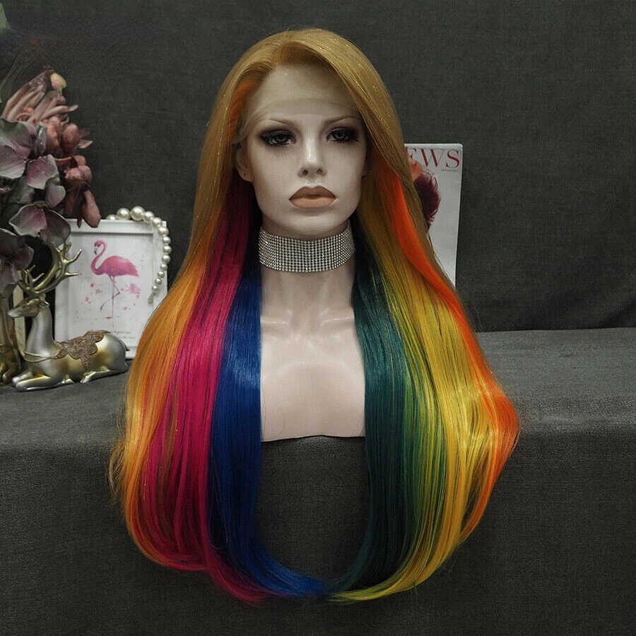 Long Straight Hair Multicolor Tinsel Lace Wig Rainbow Synthetic