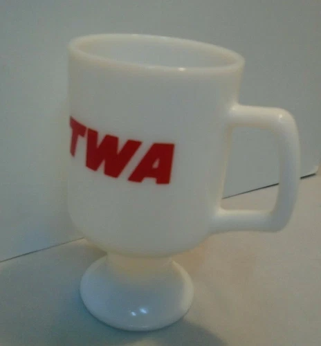 TWA Airlines Pedestal Mug, Milk White Glass Irish Cup 5.5" Tall, 3" Top, Vintage