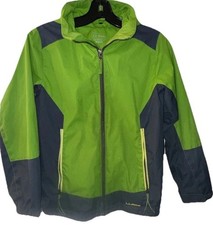 LL Bean Windbreaker Jacket Waterproof Hooded Green Blue Youth 10/12 No Lining