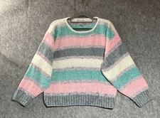 Vintage Naomi Bee Sweater Womens Large Pink Teal Striped Chenille Pullover Fairy