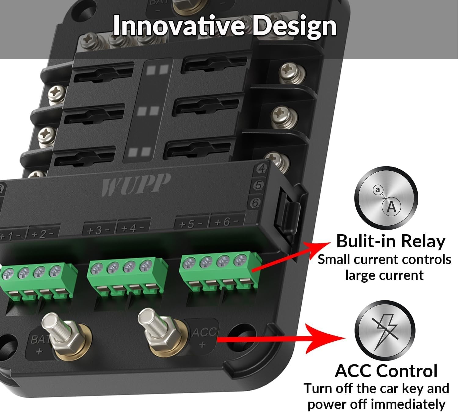 12V Fuse Block with Relay, Automotive 6 Circuits Fuse Box With ACC Interface, Un