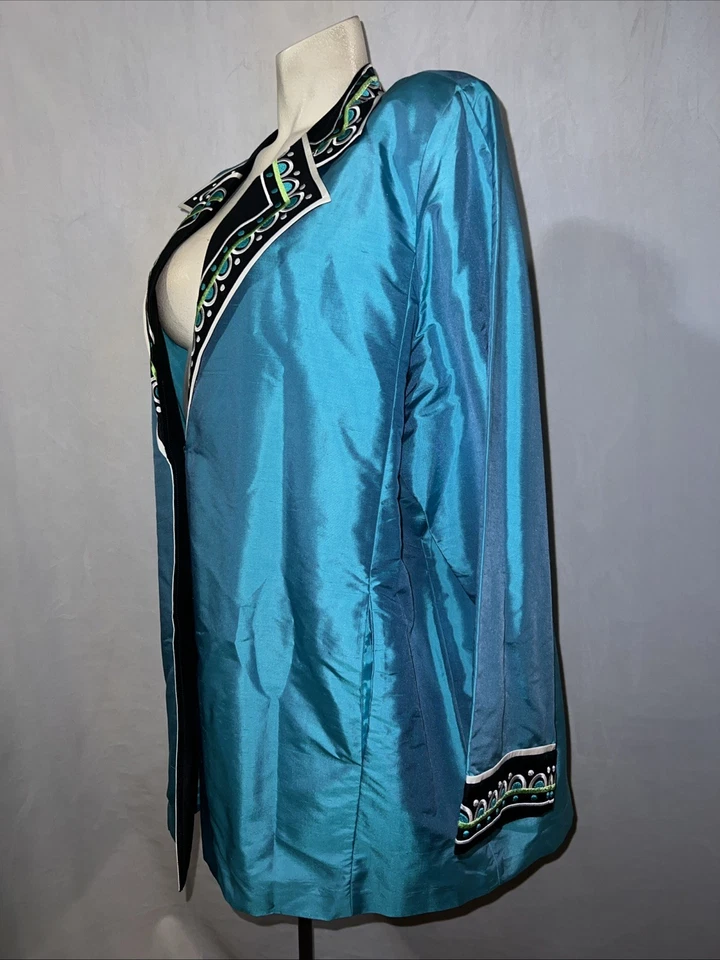Chaqueta Bob Mackie Talla Grande 3X Azul Seda Usable Arte Bordado Manga Larga Blazer Foto 4 de 4