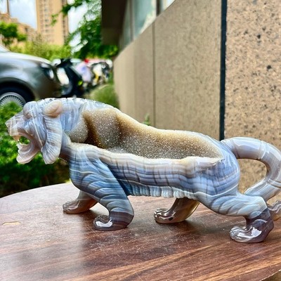 2.75LB Natural crystal cave cherry blossom agate hand carved spiritual tiger