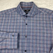 BOSS Hugo Boss Dress Shirt Mens Medium Blue w/Pink-White-Blue Lines Slim Fit