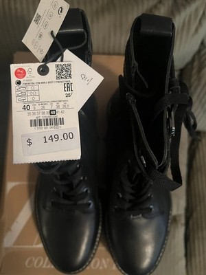 Zara Basic Collection Laced Floral Embossed Leather  Moto Biker Buckle Boots 40