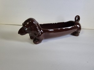 Vintage Japanese Brown Ceramic Dachshund Dog-Wiener Planter  / Service Tray