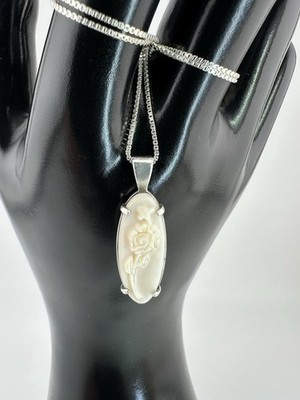 Sterlingsilber MOP geschnitzte Rose Kamee-Stil Anhänger Italien Box Kette Halskette 18''