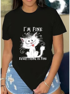 Women Funny Cat I'm Fine Everything Is Fine Graphic Casual Crew Neck Tee Top