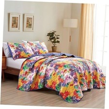 3-Piece Flower Purple Bedspread Set Orange Floral Quilt King/Cal King Ksana