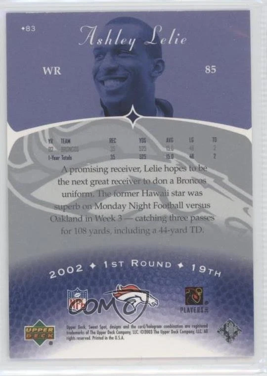 2003 Upper Deck Sweet Spot Ashley Lelie #83 - Image 2 of 2