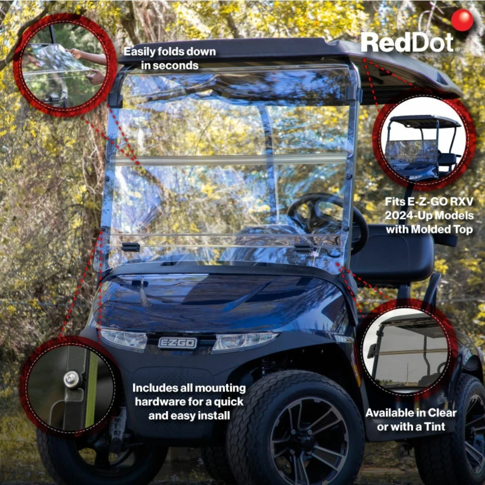 Parabrisas plegable para carro de golf RedDot 1/4" para EZGO RXV con tapa moldeada - transparente Foto 3 de 4
