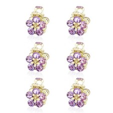 6Pcs Small Flower Hair Clips wiht Rhinestones, Decorative Metal Claw Purple