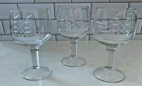 3 Cut Glass Nautical CLIPPER SHIP Wine Scotch Brandy 5" Crystal Goblets - THREE - Picture 3 of 3