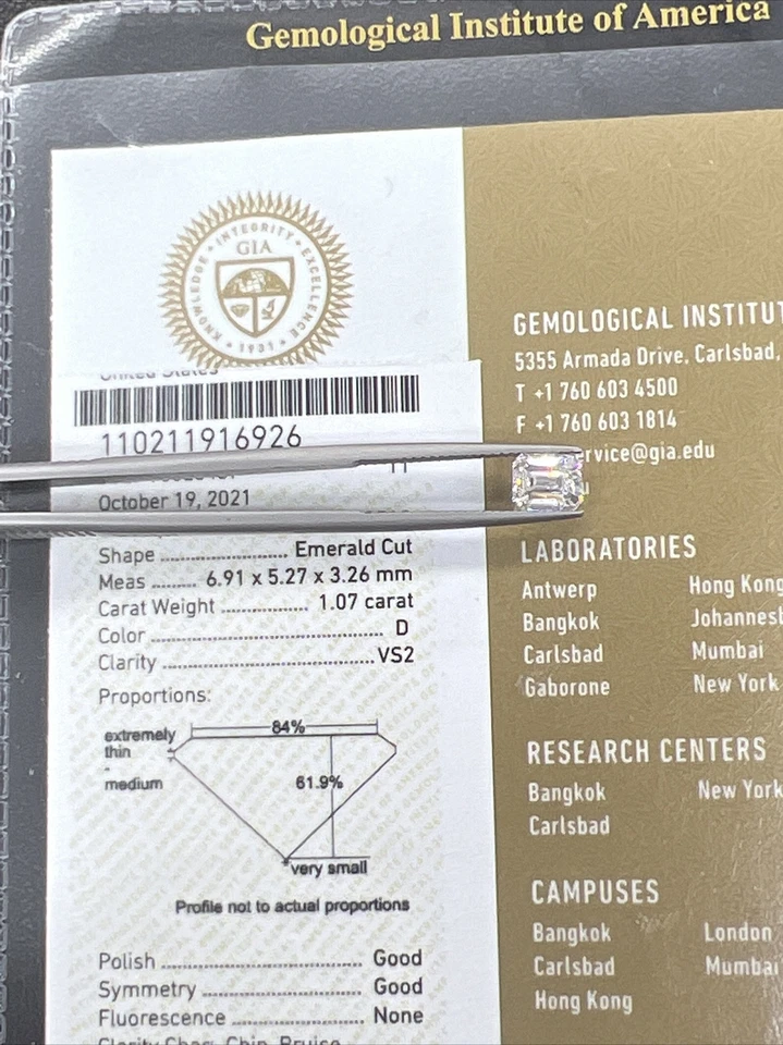 GIA CERTIFIED NATURAL 1.07 CLARITY VS2 COLOR D LOOSE EMERALD CUT FANCY ￼DIAMOND - Image 4 of 4