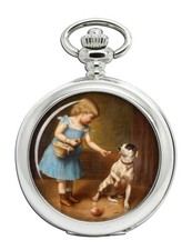 Young girl feeding a dog by Carl Reichert Pocket Watch