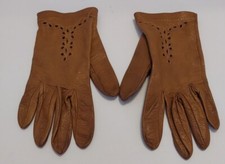Vintage Brown Leather Gloves Short With Floral Design Driving Size Med