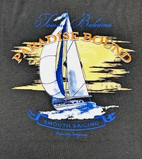 Tommy Bahama T-Shirt Mens Large Coal Black "Paradise Found"  Sailboat ⛵ Theme