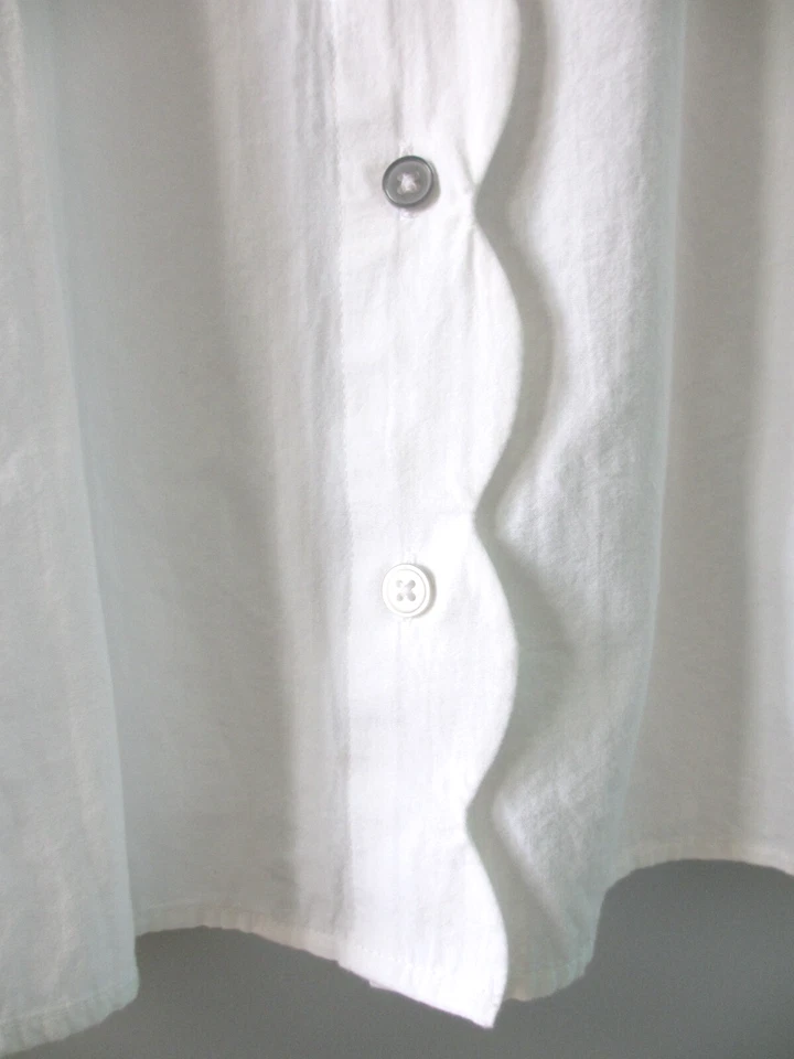 Scalloped Blouse Women XL White Roll Tab Sleeve Cotton Button Shirt Elegant Top - Image 4 of 4