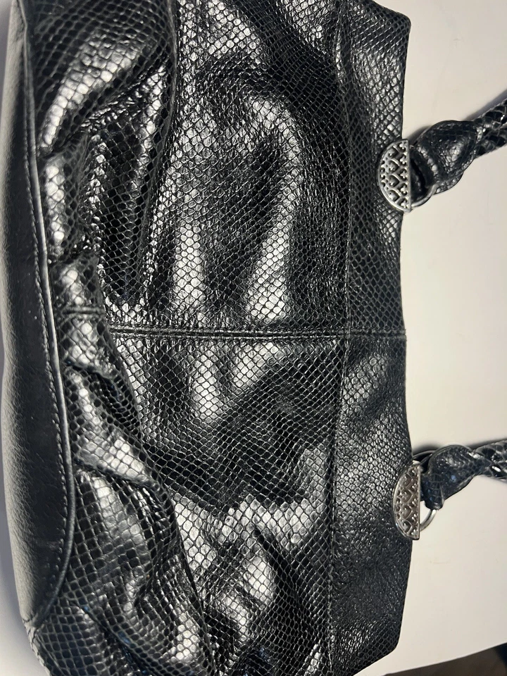 BRIGHTON Black Leather Snake Embossed Satchel Shoulder Bag Purse Silver Accents  - Image 4 of 4