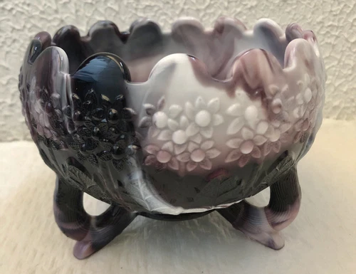 FENTON Rose Bowl Purple Slag Three Toed Footed Orange Tree Pattern