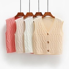 Women Sweater Vest Jumper Cardigan Tops Sleeveless Button Solid Knitwear