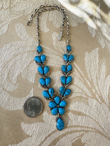 Stunning Blue Turquoise Marcasite 925 Sterling Silver Necklace - Picture 3 of 5