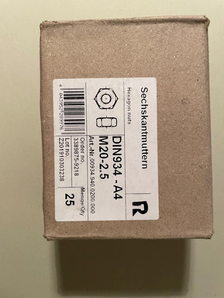 Sechskantmutter DIN 934 M 20 x 2,5 Edelstahl A4 blank VPE 25 STÜCK - Bild 2 von 4