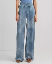 Lauren Ralph Lauren Print Charmeuse Wide Leg Pants Women's Blue Satin Drawcord