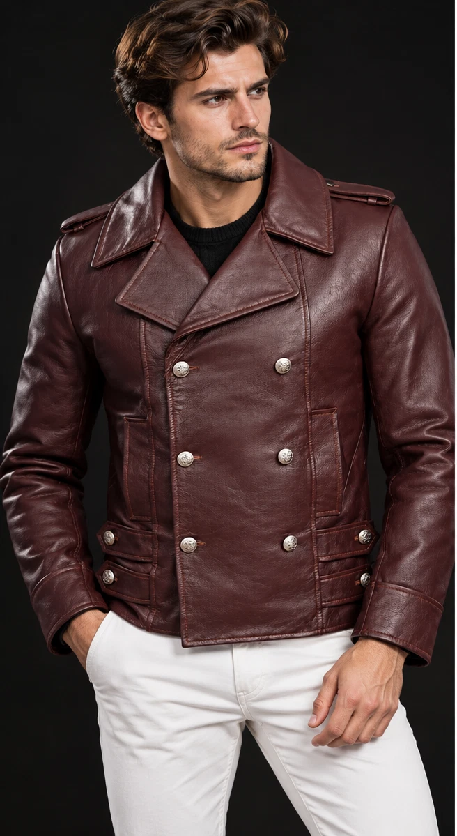 Mens Maroon Real Leather Pea Coat Double Breasted Naval Military Jacket Oxblood image 1