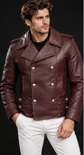 Mens Maroon Real Leather Pea Coat Double Breasted Naval Military Jacket Oxblood video thumbnail